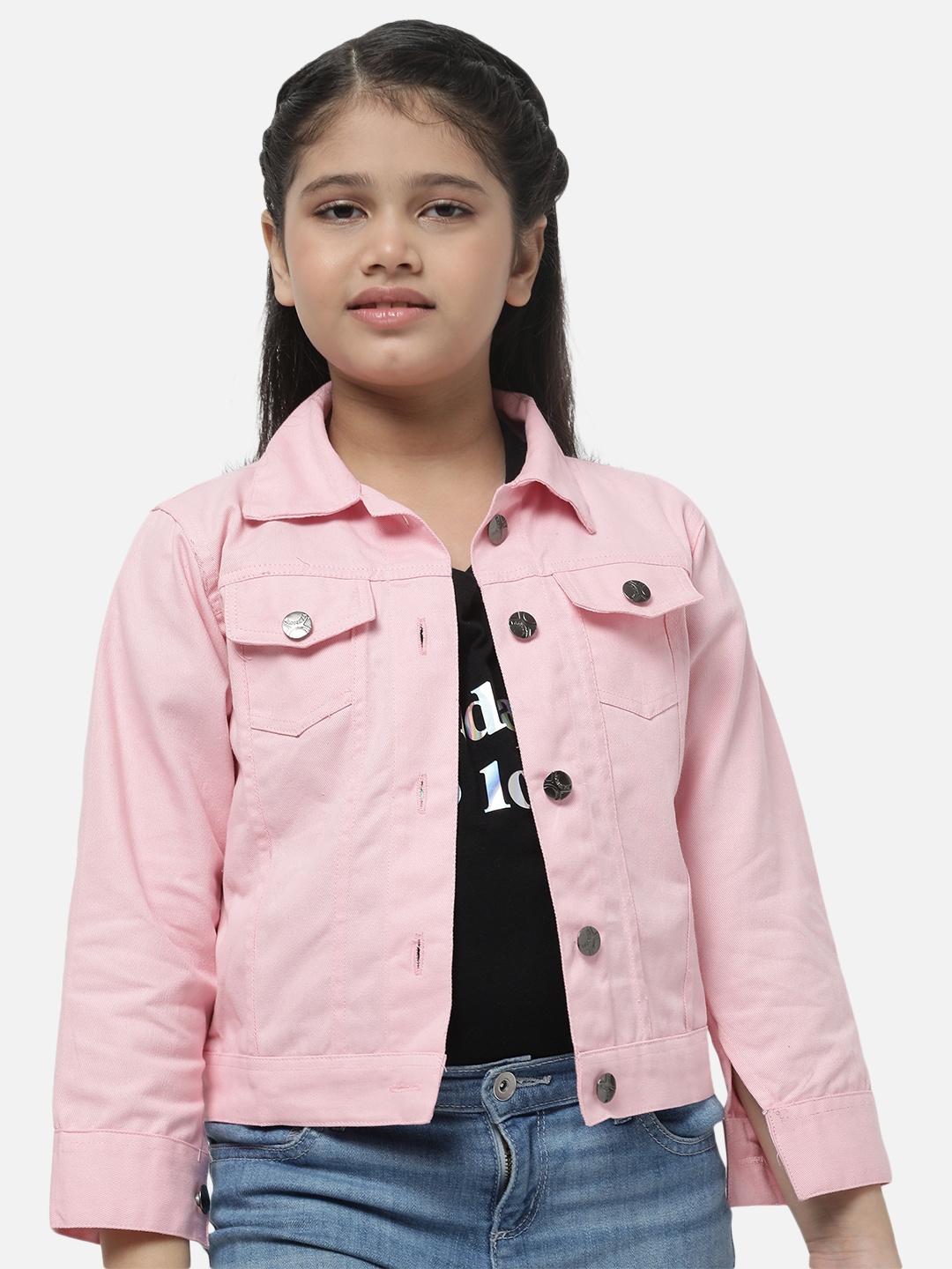 

MONTREZ Girls Pink Solid Cotton Denim Jacket