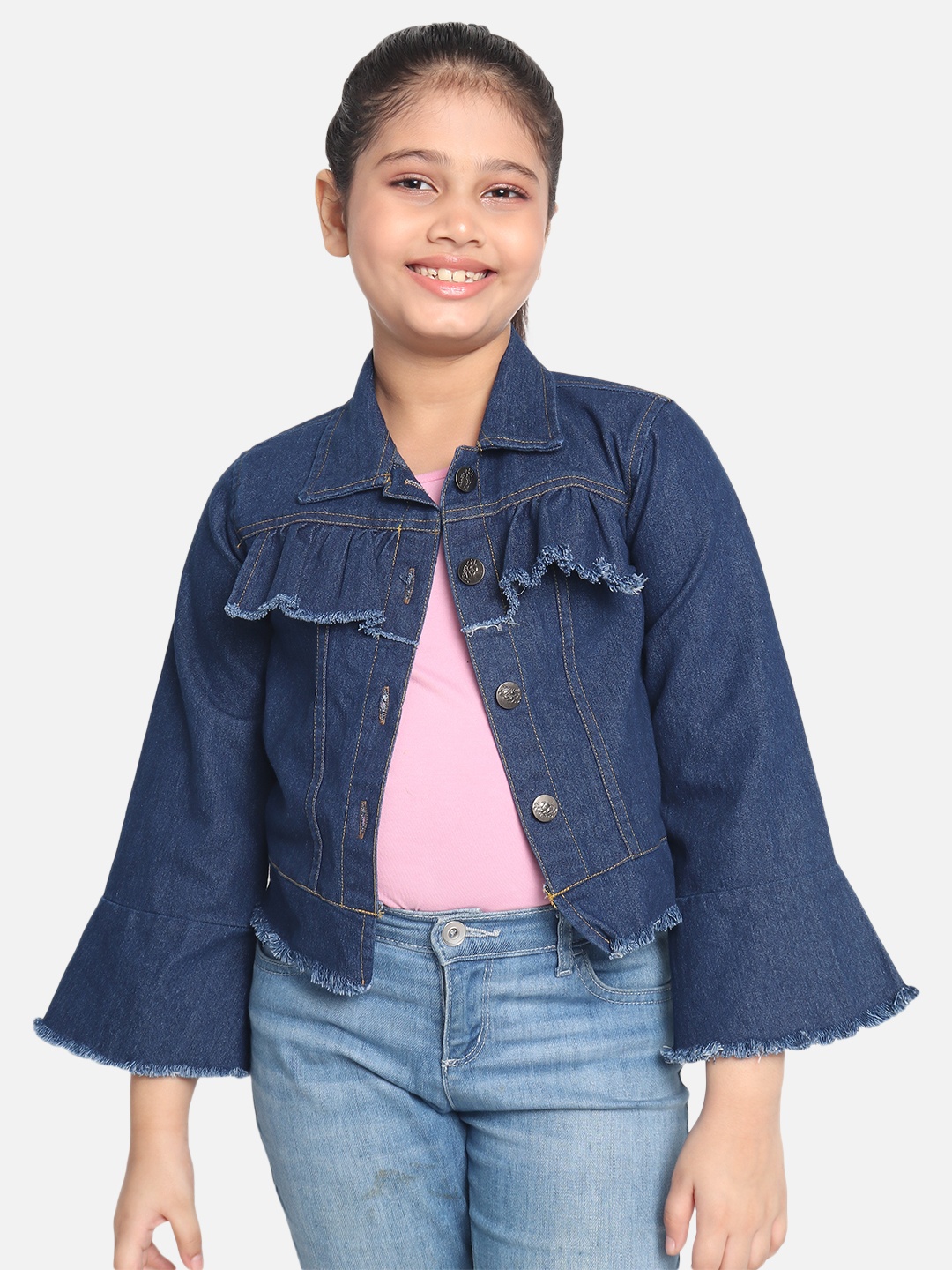 

MONTREZ Girls Navy Blue Solid Cotton Denim Jacket with Ruffle Detail