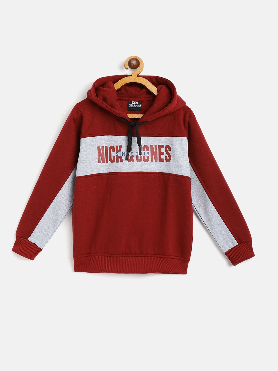 

Nick and Jones Boys Maroon & Grey Melange Print with Colourblocking Hooded Sweatshirt