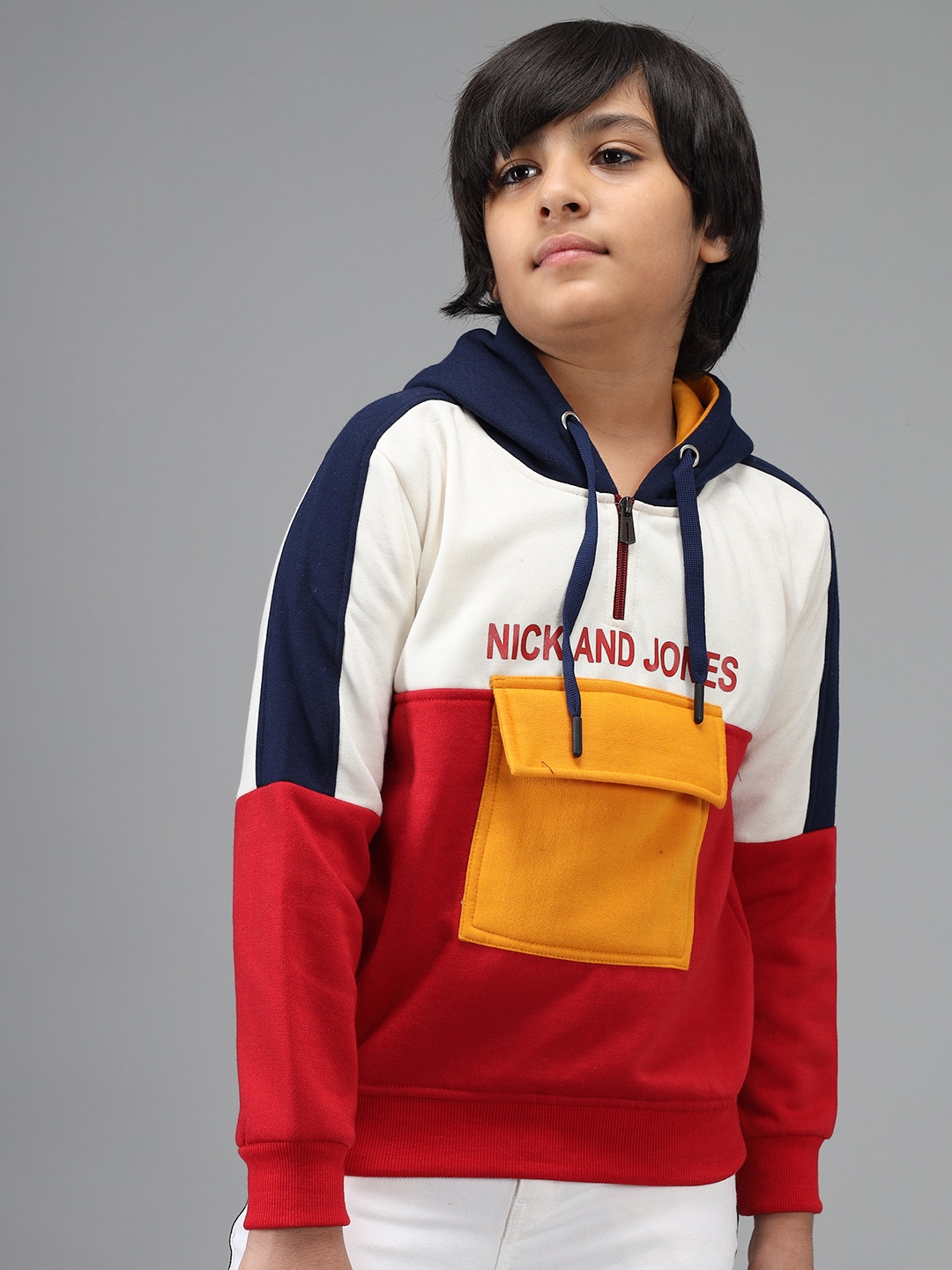 

Nick and Jones Boys Red & White Colourblocked Hooded Sweatshirt