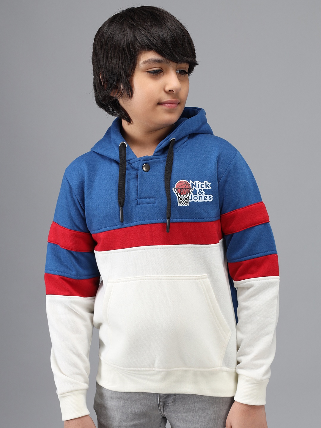 

Nick and Jones Boys Blue & White Colourblocked Hooded Sweatshirt