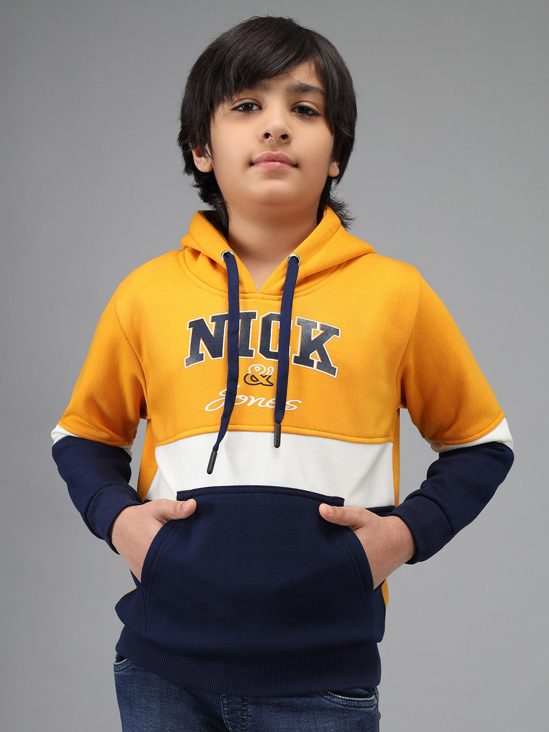 

Nick and Jones Boys Mustard Yellow & Navy Colourblocked Brand Logo Print Hooded Sweatshirt