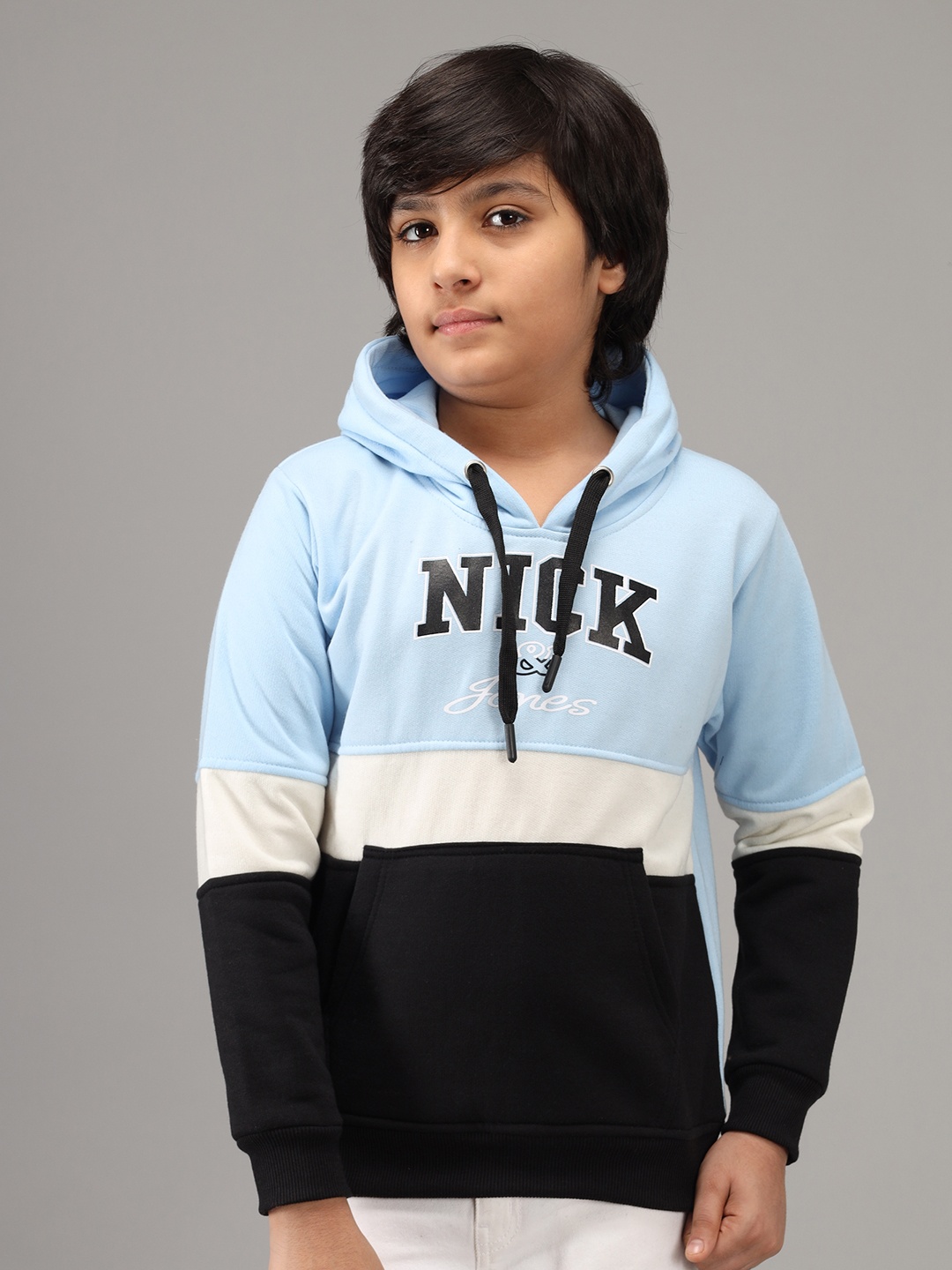 

Nick and Jones Boys Blue & Black Colourblocked Brand Logo Print Hooded Sweatshirt