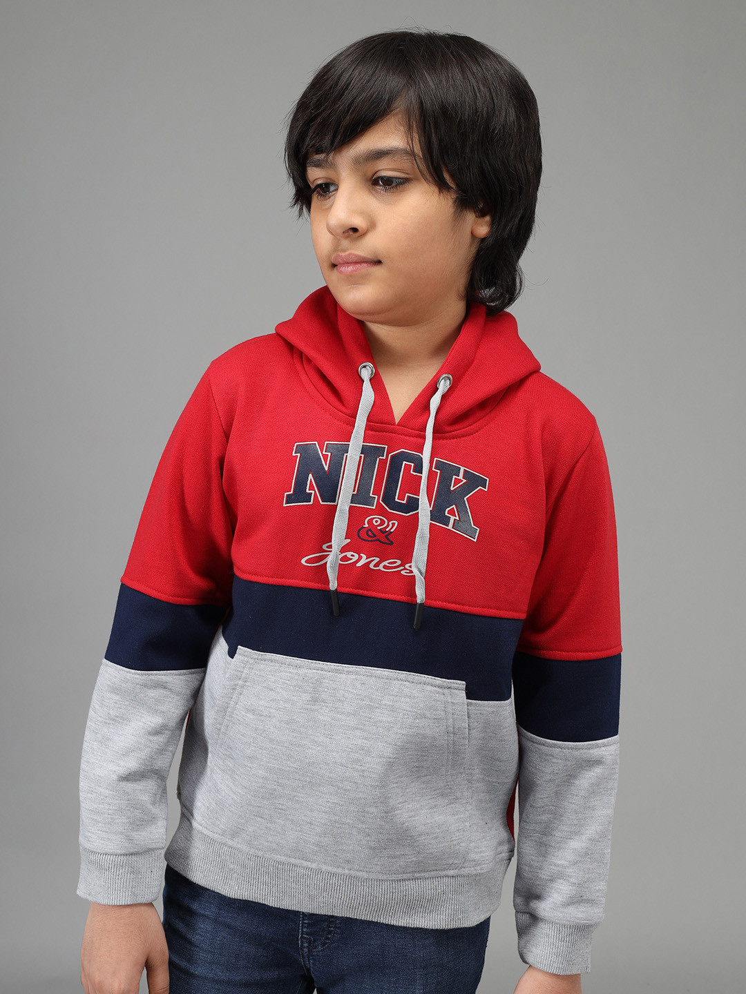 

Nick and Jones Boys Red & Grey Melange Colourblocked Hooded Sweatshirt