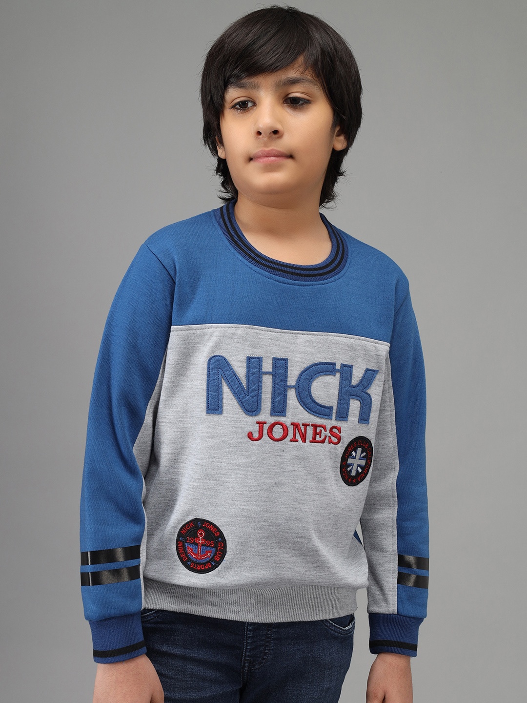 

Nick and Jones Boys Grey Melange & Blue Colourblocked Sweatshirt with Applique Detail