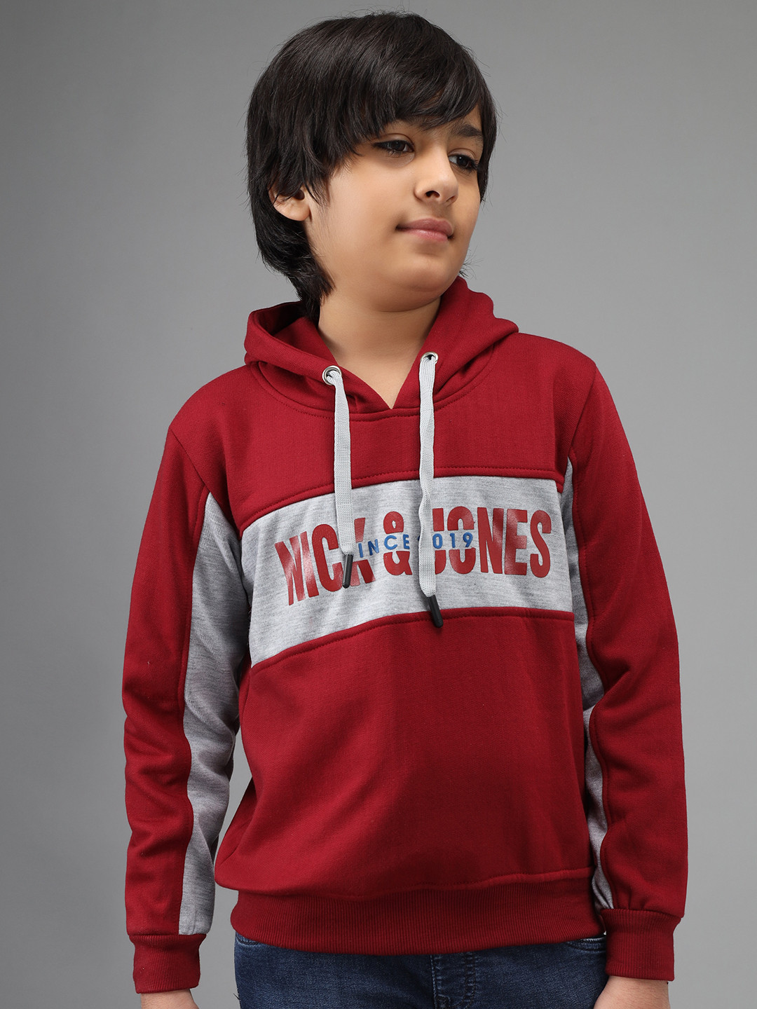 

Nick and Jones Boys Maroon & Grey Melange Print with Colourblocking Hooded Sweatshirt
