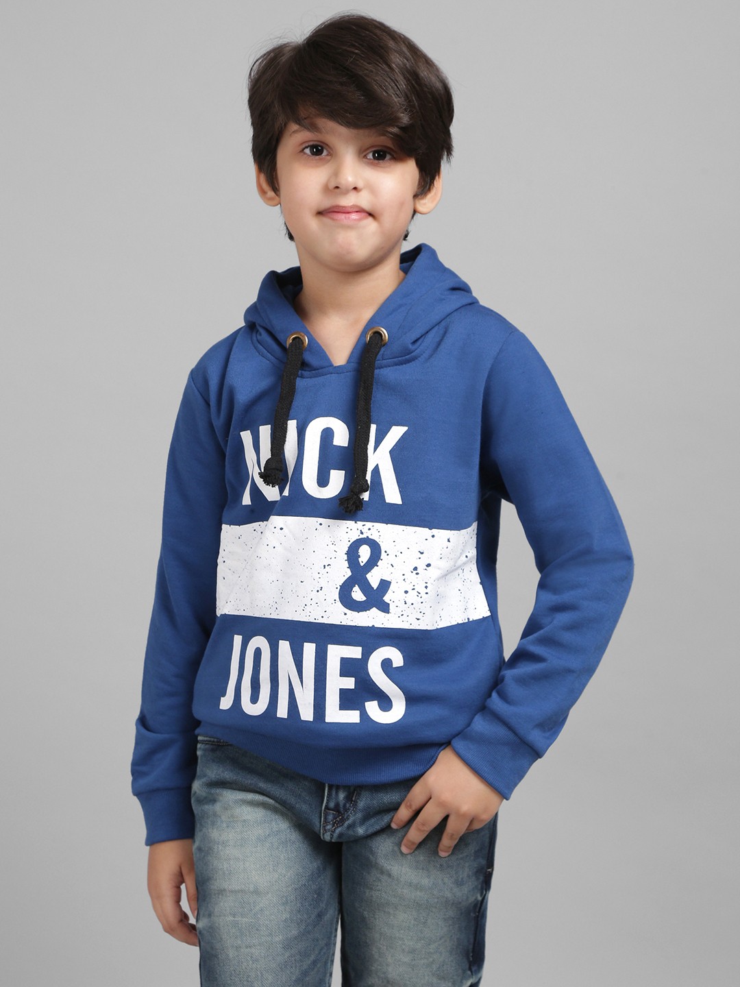 

Nick and Jones Boys Blue & White Brand Logo Printed Hooded Sweatshirt