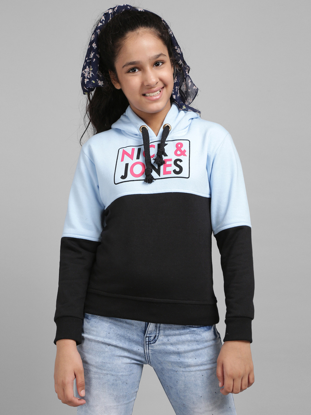 

Nick and Jones Girl Black & Blue Colourblocked Hooded Sweatshirt with Brand Logo Print