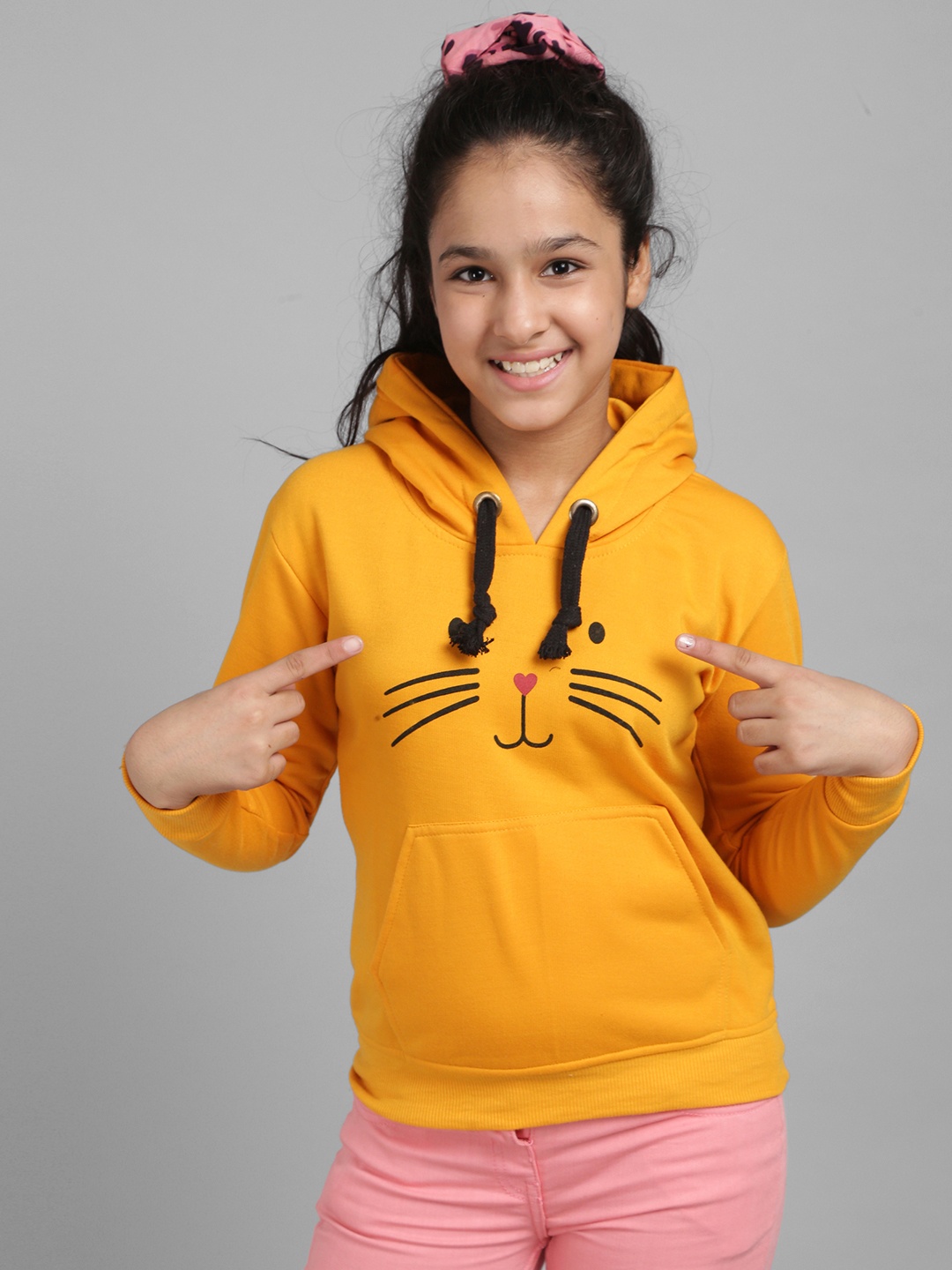 

Nick and Jones Girls Mustard Yellow Cat Print Hooded Sweatshirt