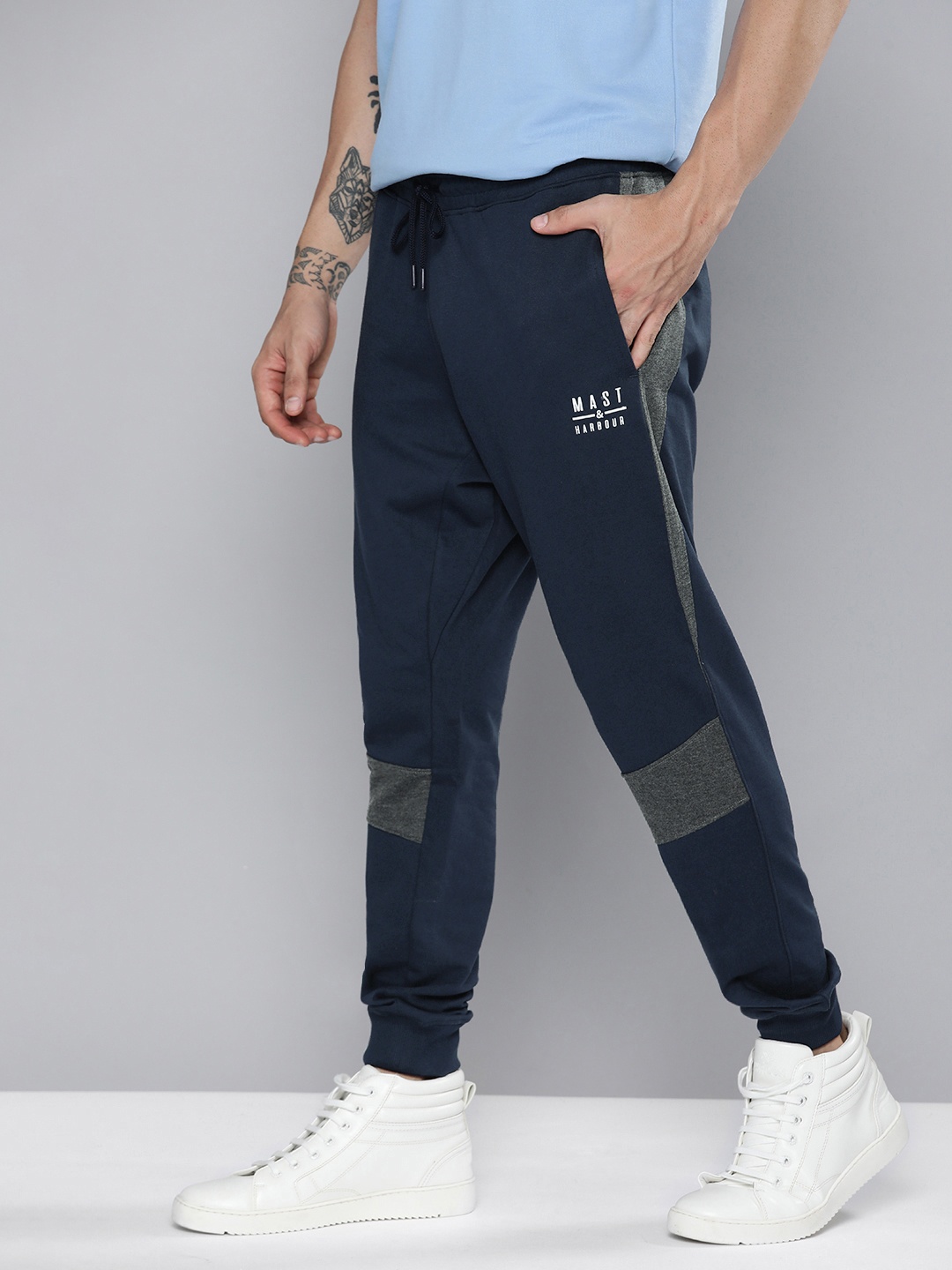 

Mast & Harbour Men Navy Blue & Grey Colourblocked Slim Fit Joggers