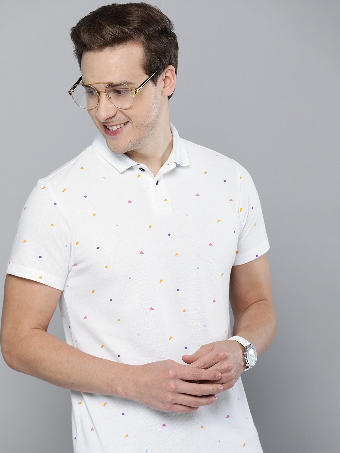 

Mast & Harbour Men White Geometric Printed Polo Collar Pure Cotton Casual T-shirt