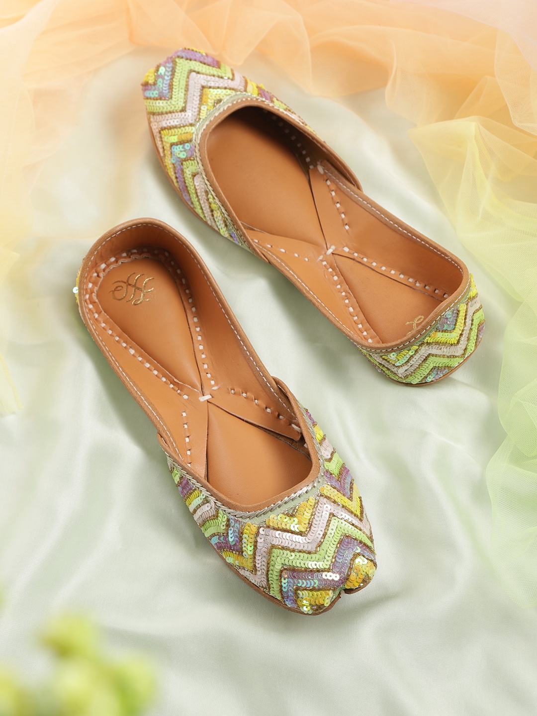 

House of Pataudi Women Green & Pink Chevron Sequin Embellished Handcrafted Ballerinas