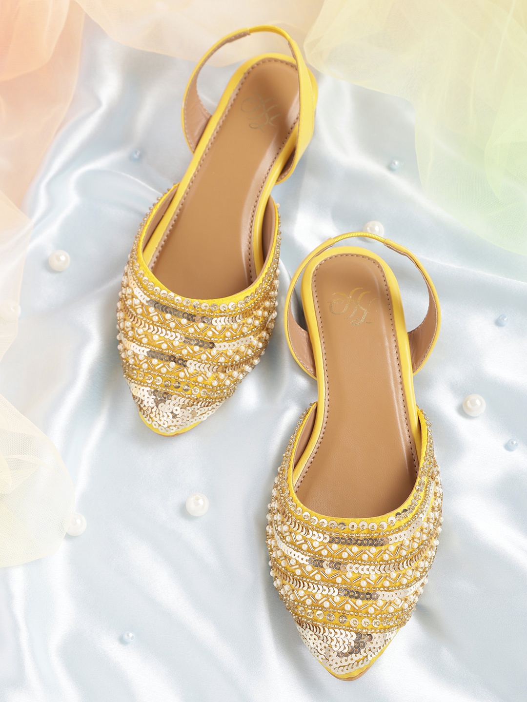 

House of Pataudi Women Mustard Yellow & White Beaded Handcrafted Pointed Toe Flats