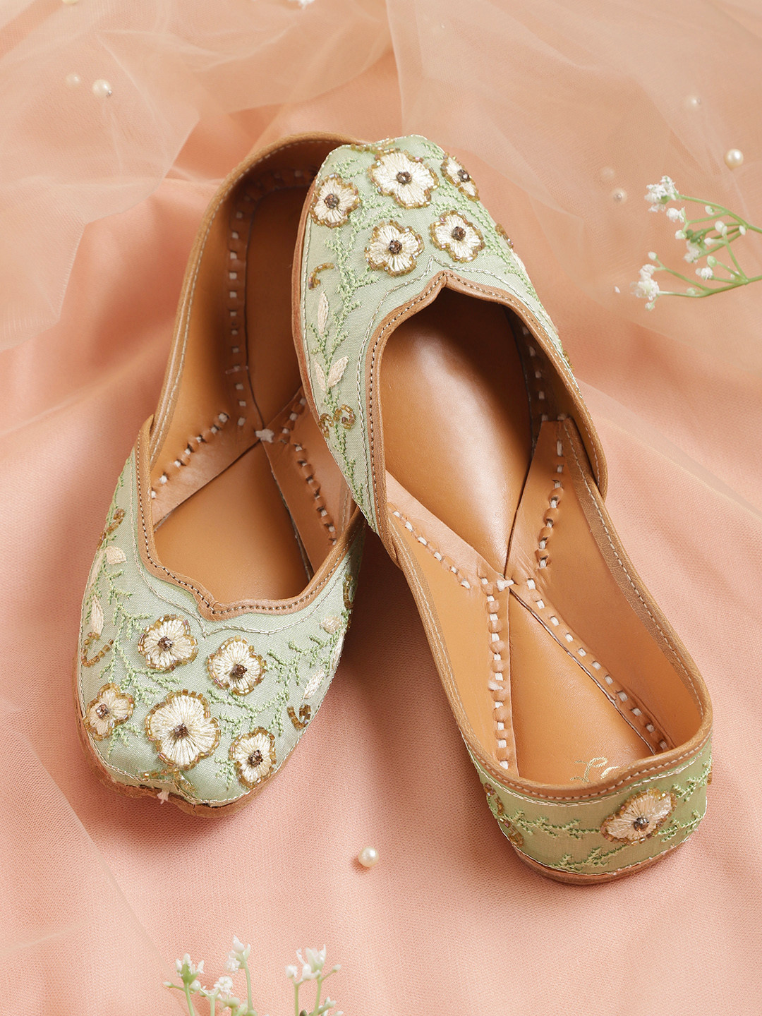 

House of Pataudi Women Sage Green & Cream-Colored Stone Embellished Ethnic Ballernas