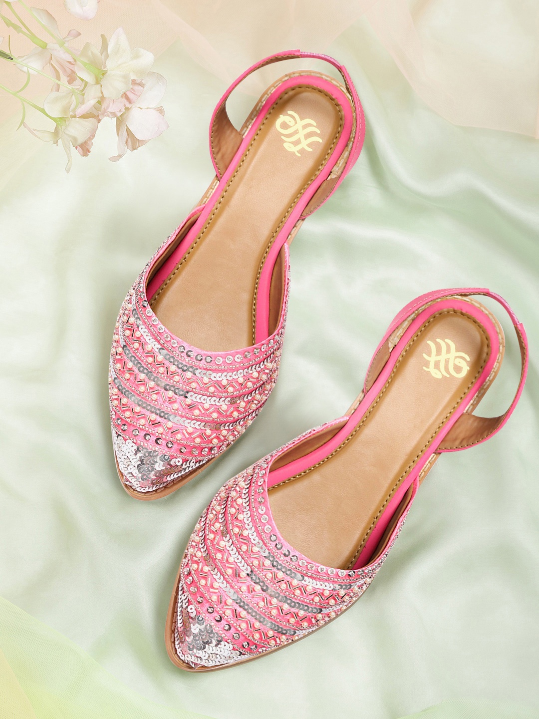 

House of Pataudi Women Pink & Silver-Toned Embellished Handcrafted Closed Toe Flats