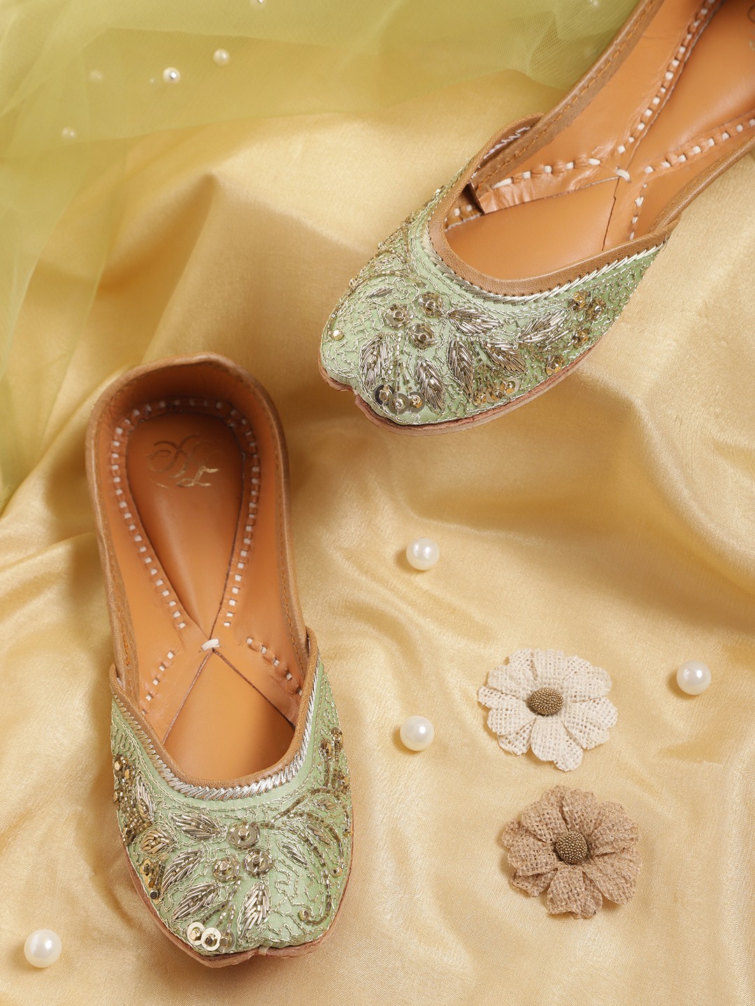 

House of Pataudi Women Mint Green & Gold-Toned Embellished Handcrafted Mojaris