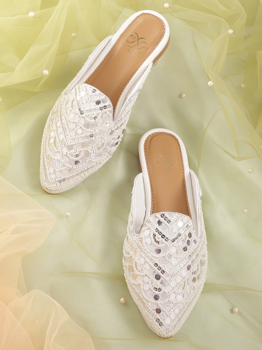 

House of Pataudi Women White Embellished Handcrafted Mules