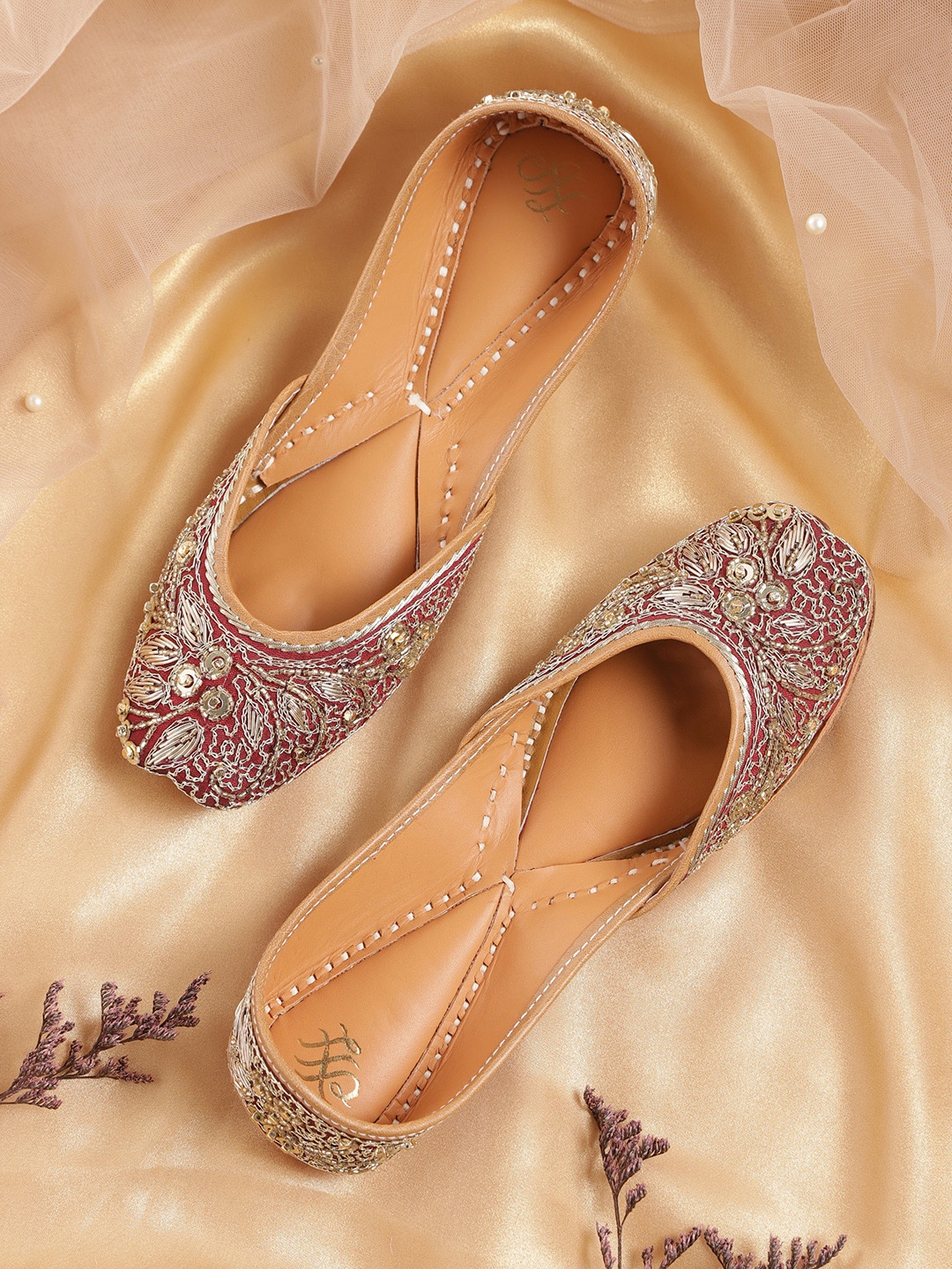 

House of Pataudi Women Maroon & Gold-Toned Beads & Sequin Embellished Ethnic Ballerinas