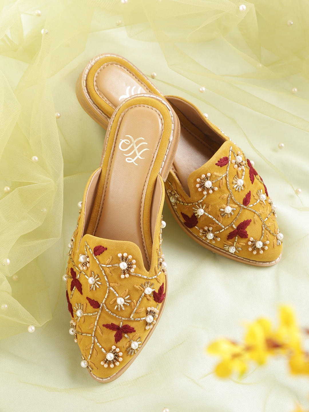 

House of Pataudi Women Mustard Yellow Embellished Beaded Handcrafted Mules