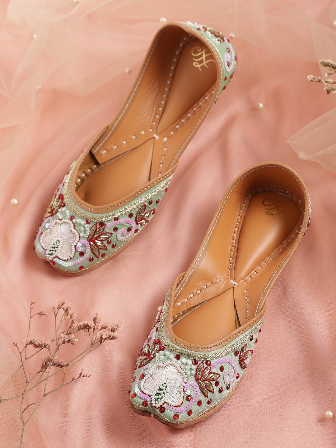 

House of Pataudi Women Mint Green & Maroon Stone & Sequin Embellished Ethnic Ballerinas