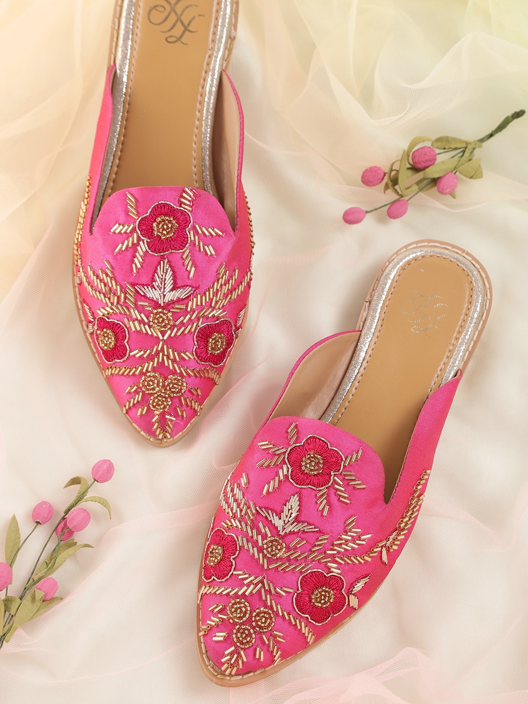 

House of Pataudi Women Pink & Gold-Toned Embellished Mules