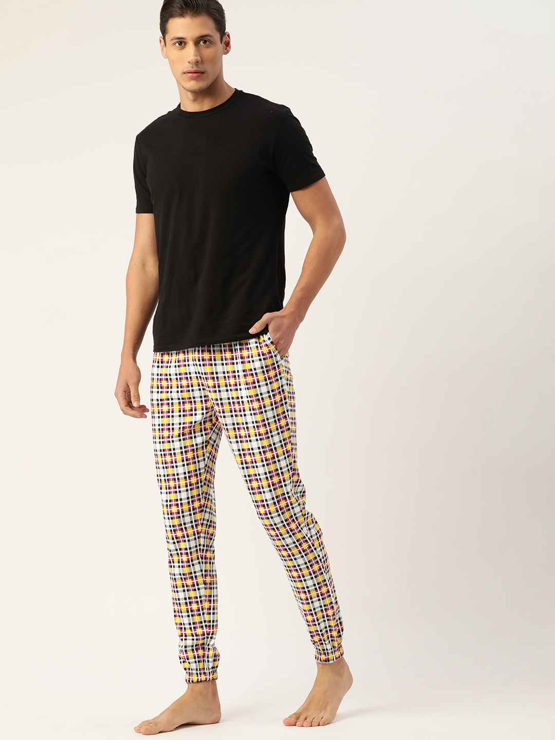 

ETC Men Grey & Yellow Pure Cotton Checked Lounge Joggers