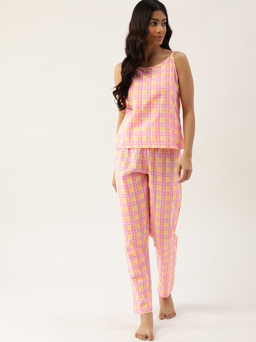 

ETC Women Pink & Yellow Checked Pure Cotton Night suit