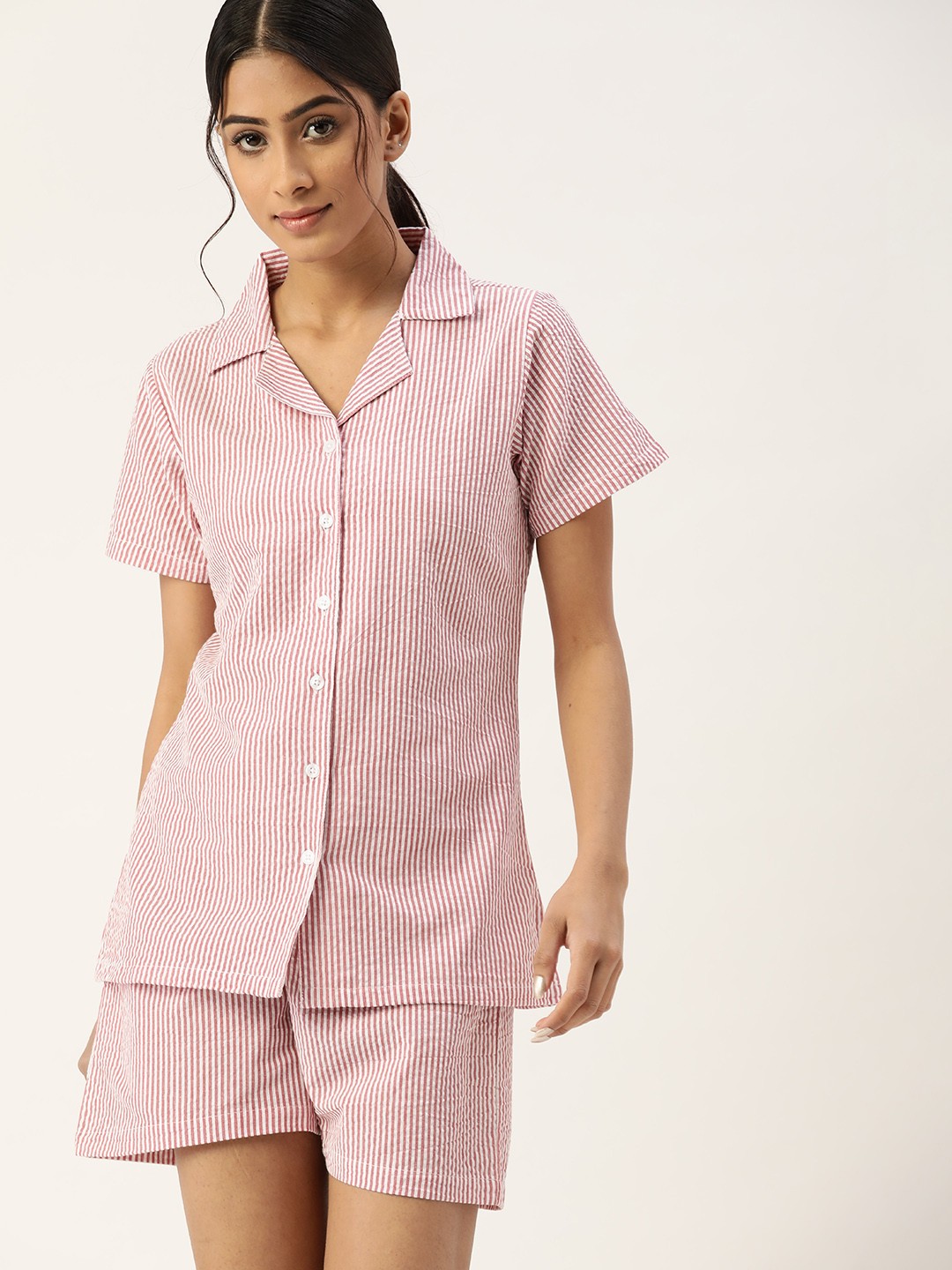 

ETC Women Red & White Pure Cotton Striped Night suit