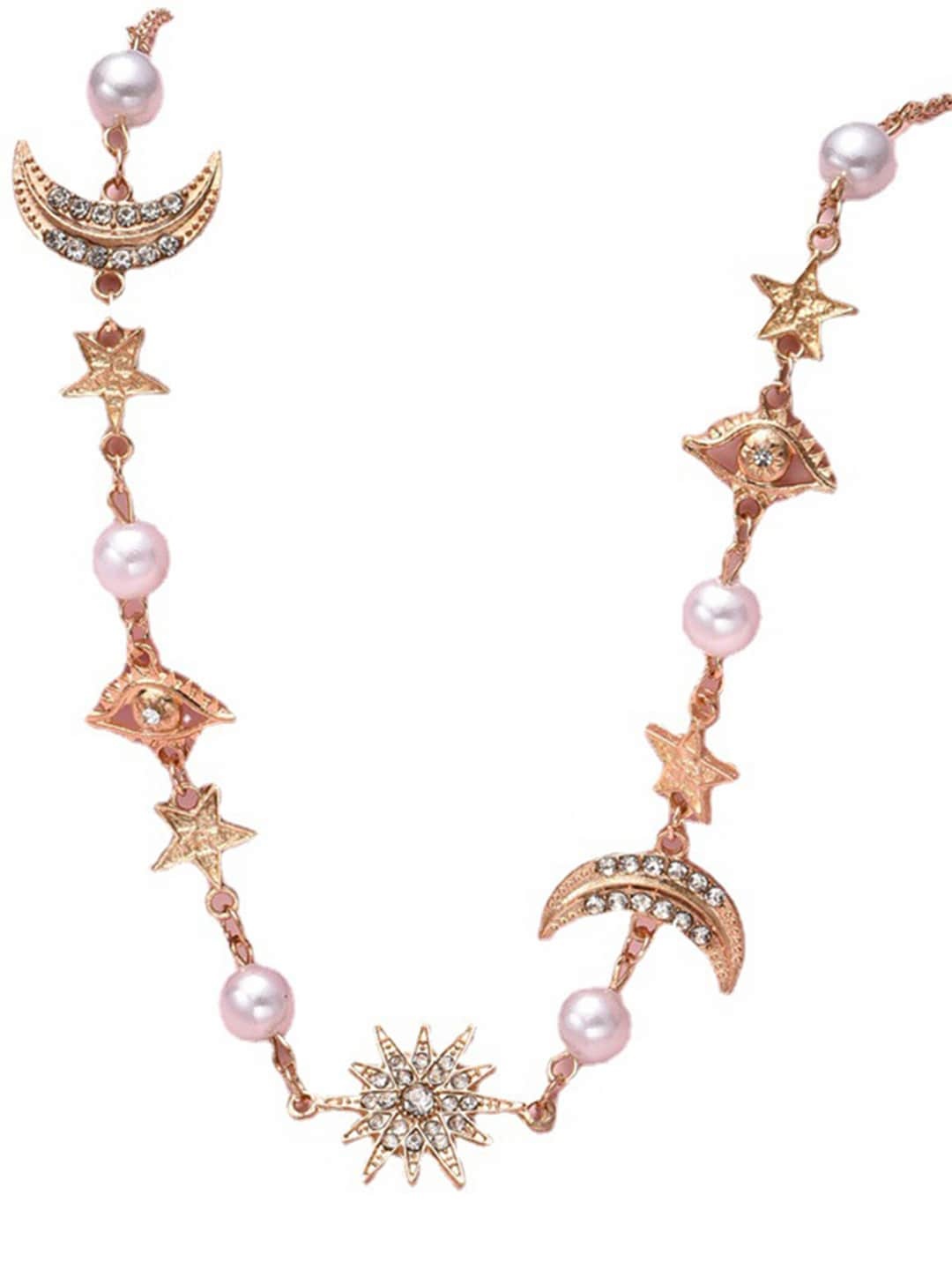 

URBANIC Gold-Toned & White Stone Studded & Beaded Minimal Charm Necklace