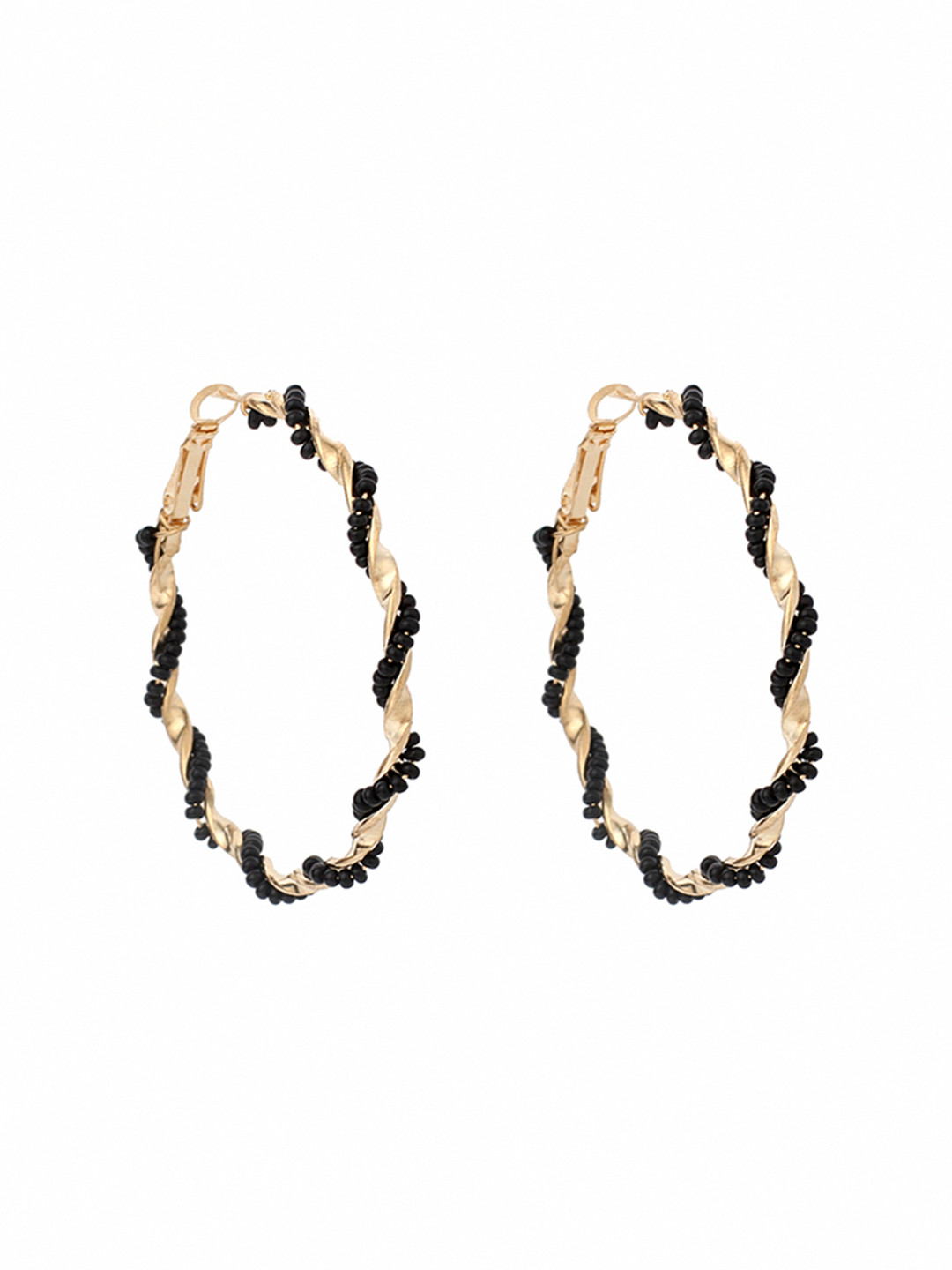 

URBANIC Black & Rose Gold-Toned Beaded Circular Hoops