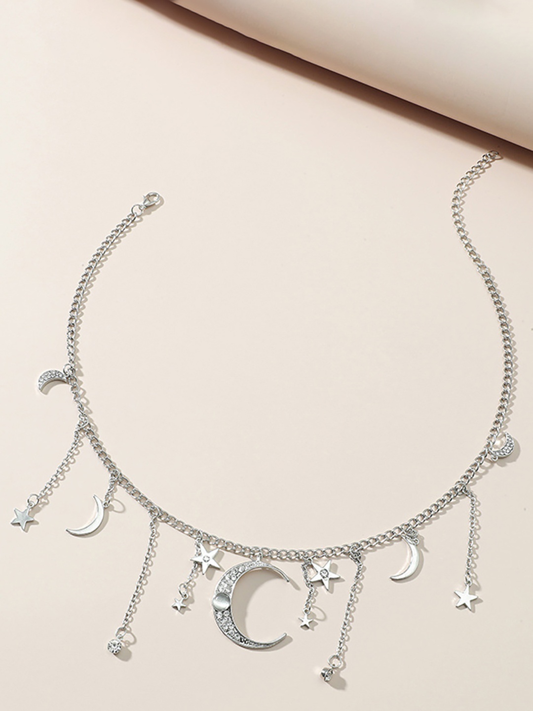 

URBANIC Silver-Toned Stone Studded Moon & Star Charm Choker Necklace