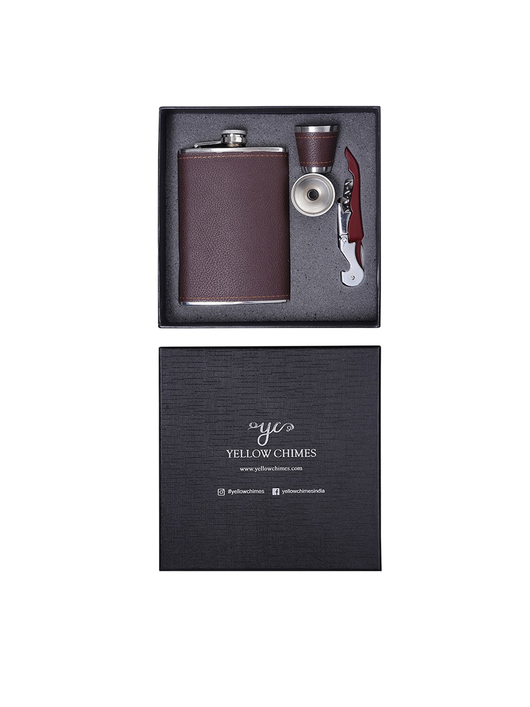 

Yellow Chimes Men Maroon & Silver-Toned Leather Flask Accessory Gift Set, Brown