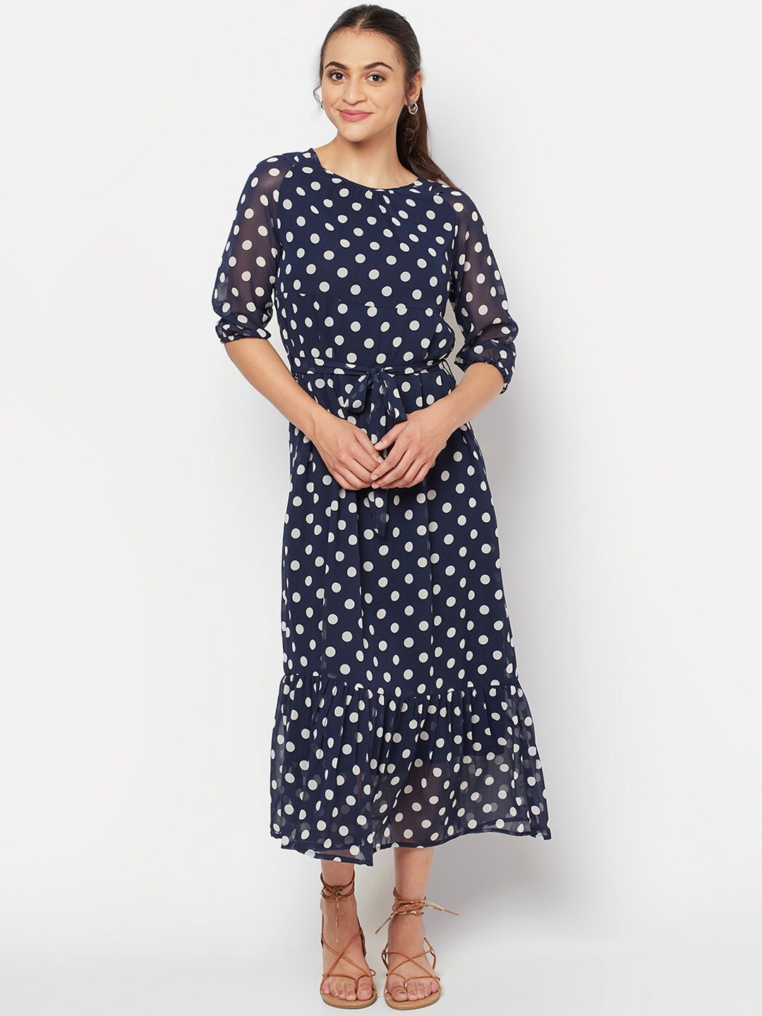 

SQew Women Blue & White Polka Dots Round Neck Drop-Waist Midi Dress