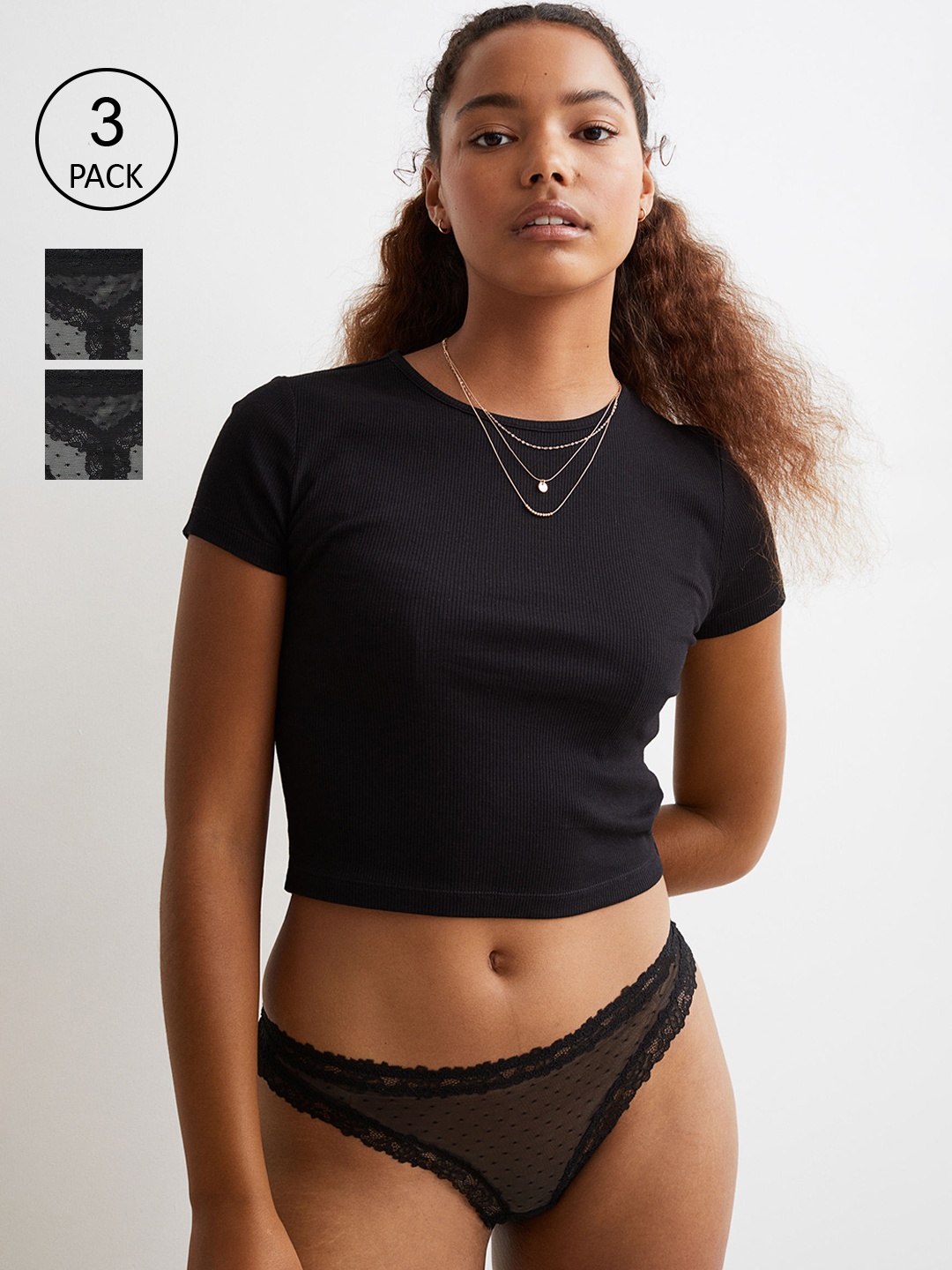 

H&M Women Black 3-Pack Mesh Thong Briefs