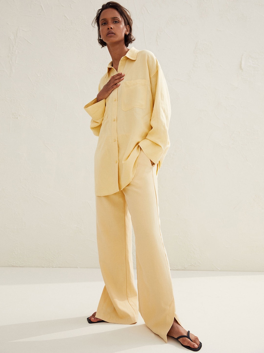 

H&M Women Yellow Solid Linen-Blend Shirt