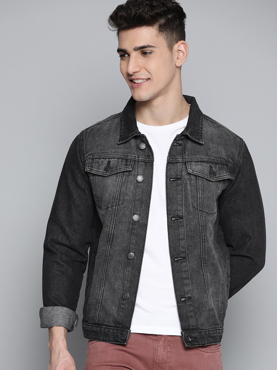 

Mast & Harbour Men Charcoal Grey Pure Cotton Washed Denim Jacket