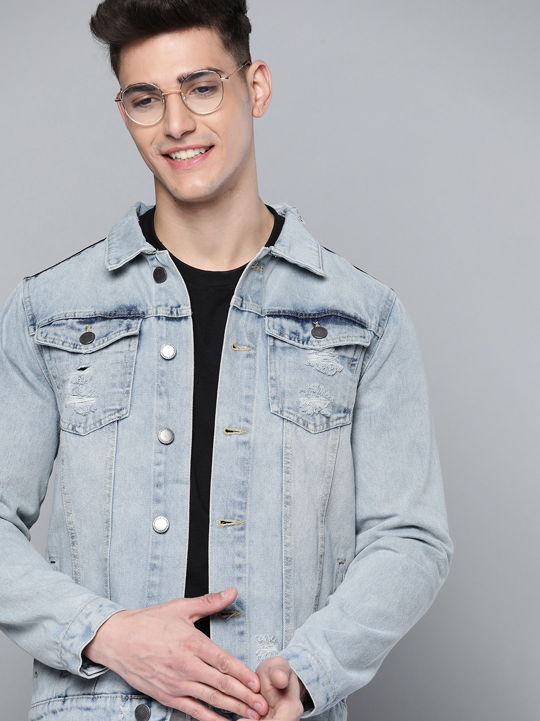 

Mast & Harbour Men Blue Pure Cotton Denim Jacket With Ripped Detail