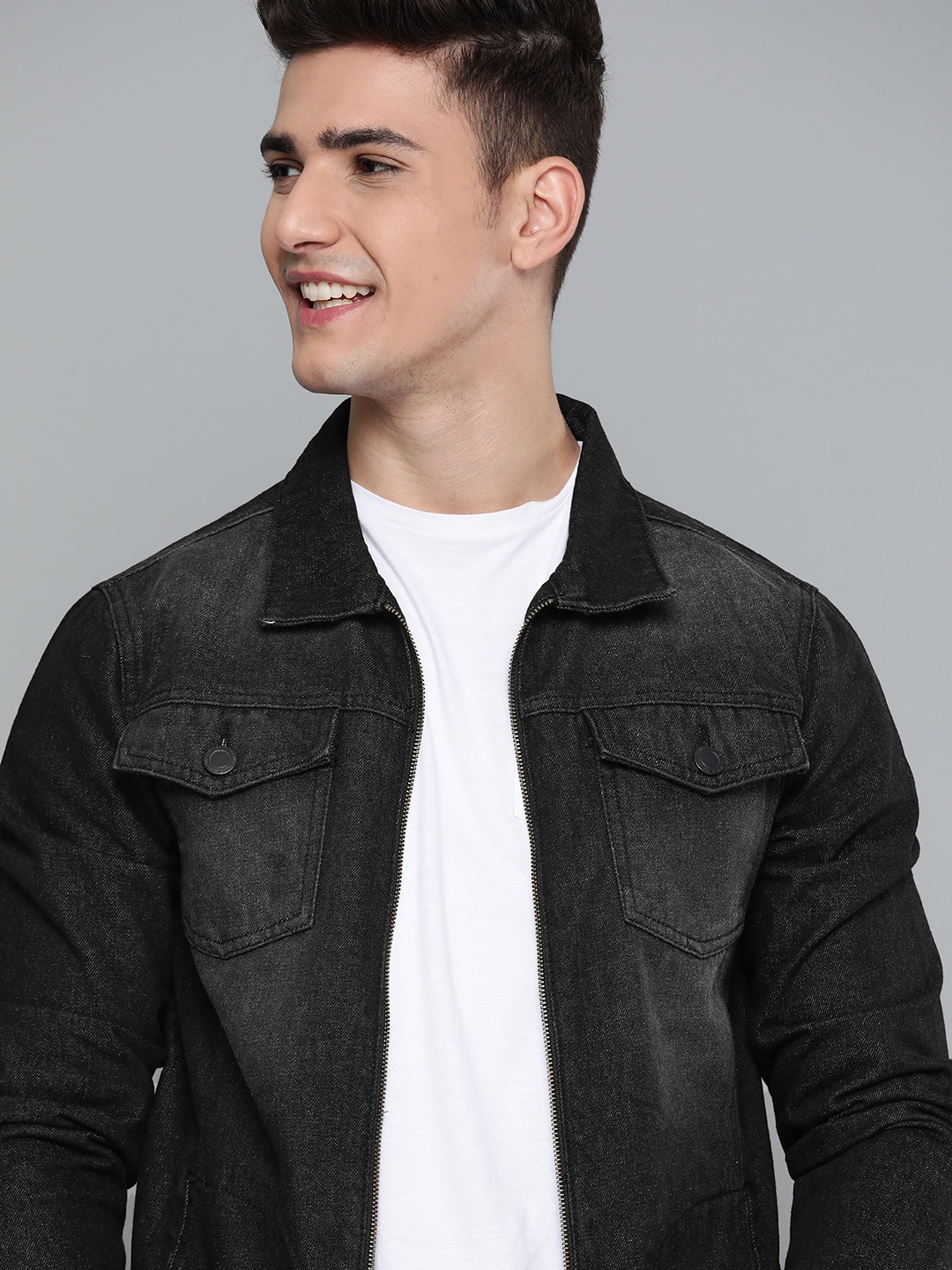 

Mast & Harbour Men Charcoal Pure Cotton Denim Jacket
