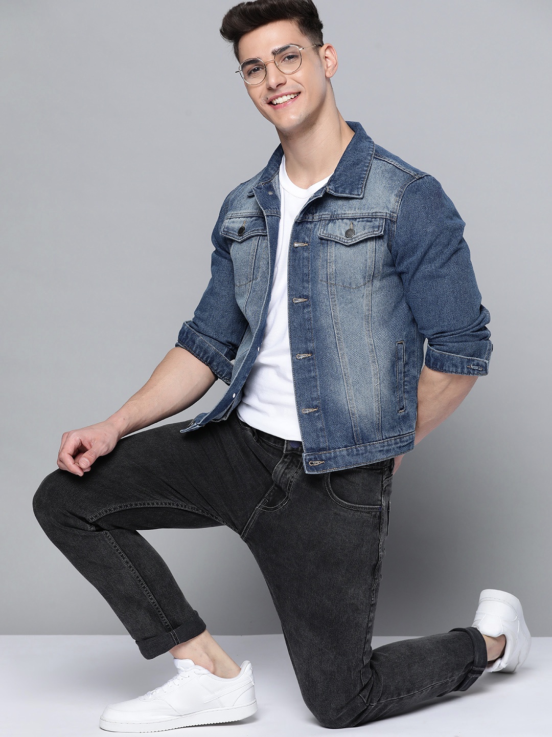 

Mast & Harbour Men Navy Blue Solid Pure Cotton Denim Jacket