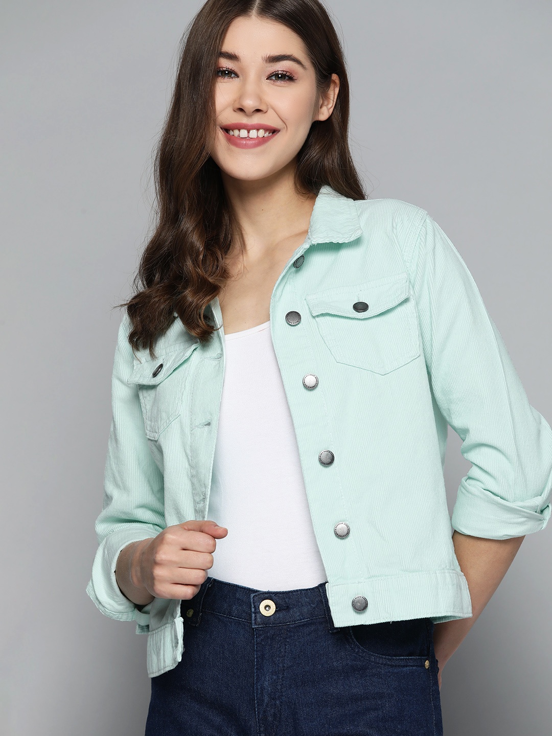 

Mast & Harbour Women Mint Green Solid Corduroy Jacket