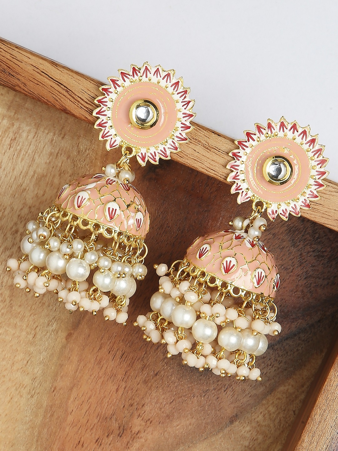 

OOMPH Peach-Coloured & Gold-Toned Kundan Studded Meenakari Enamelled Jhumkas Earrings