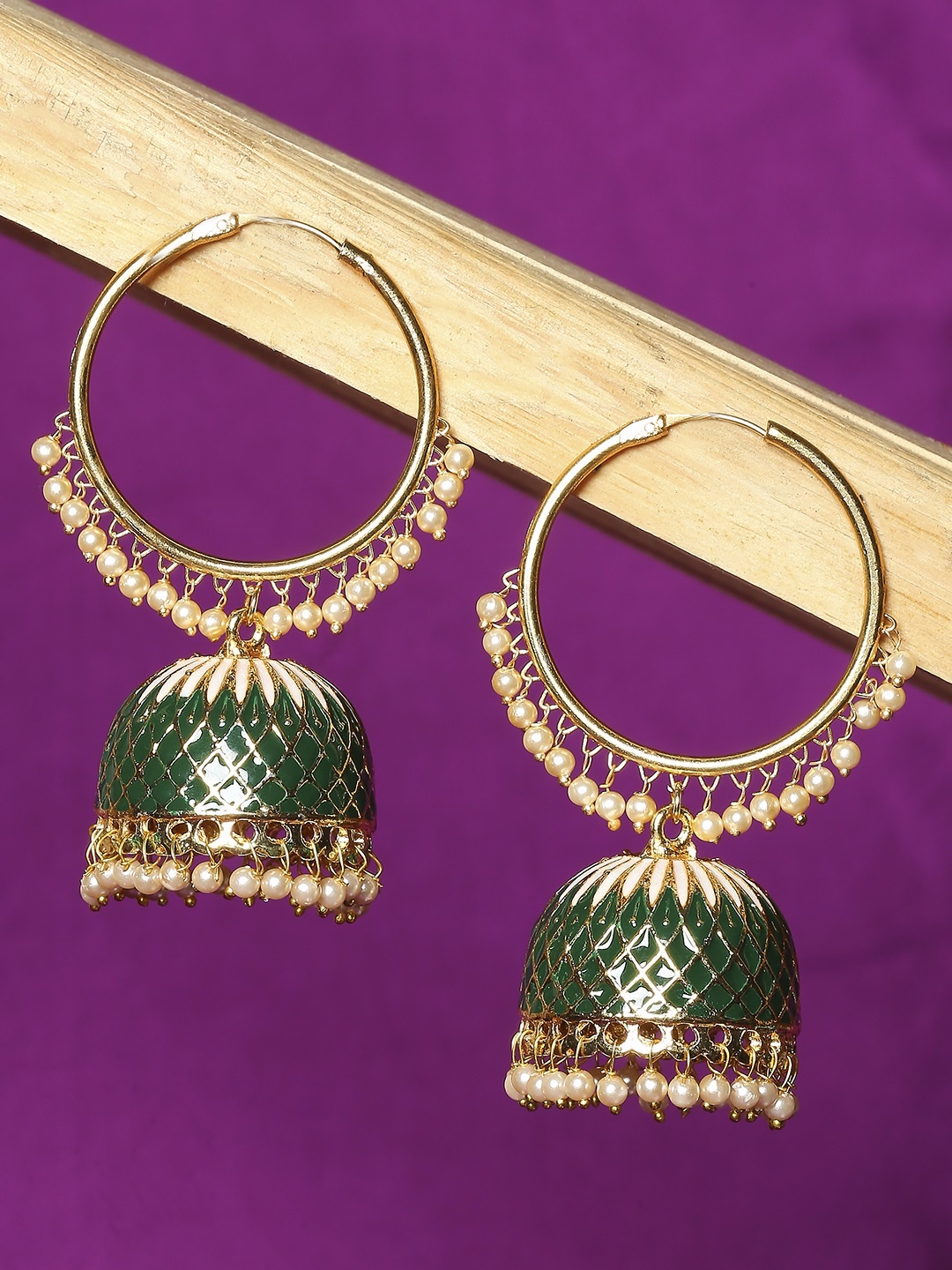 

OOMPH Gold-Plated Green Dome Shaped Meenakari Enamel Jhumkas Earrings