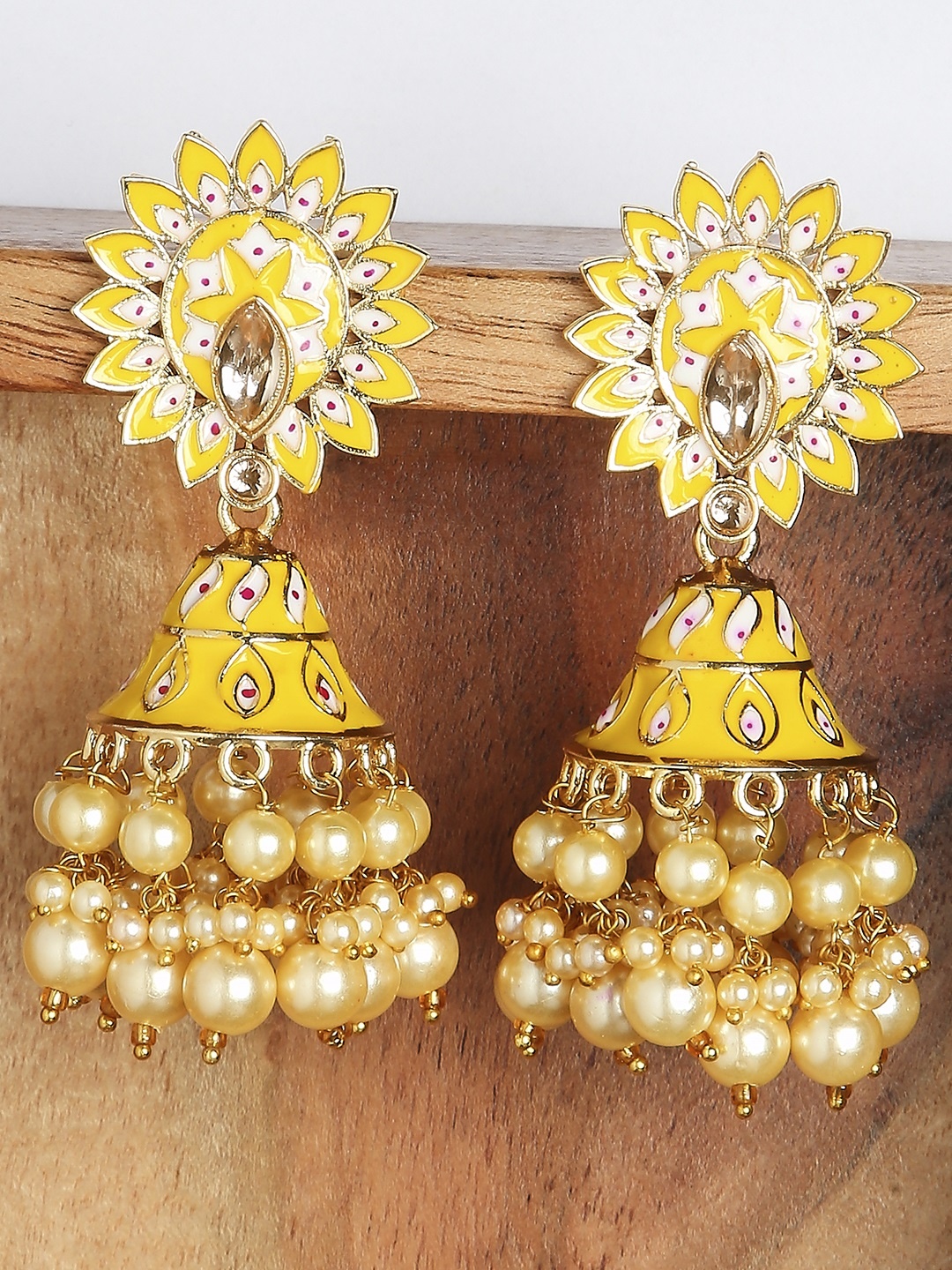 

OOMPH Yellow Dome Shaped Meenakari Jhumkas Earrings