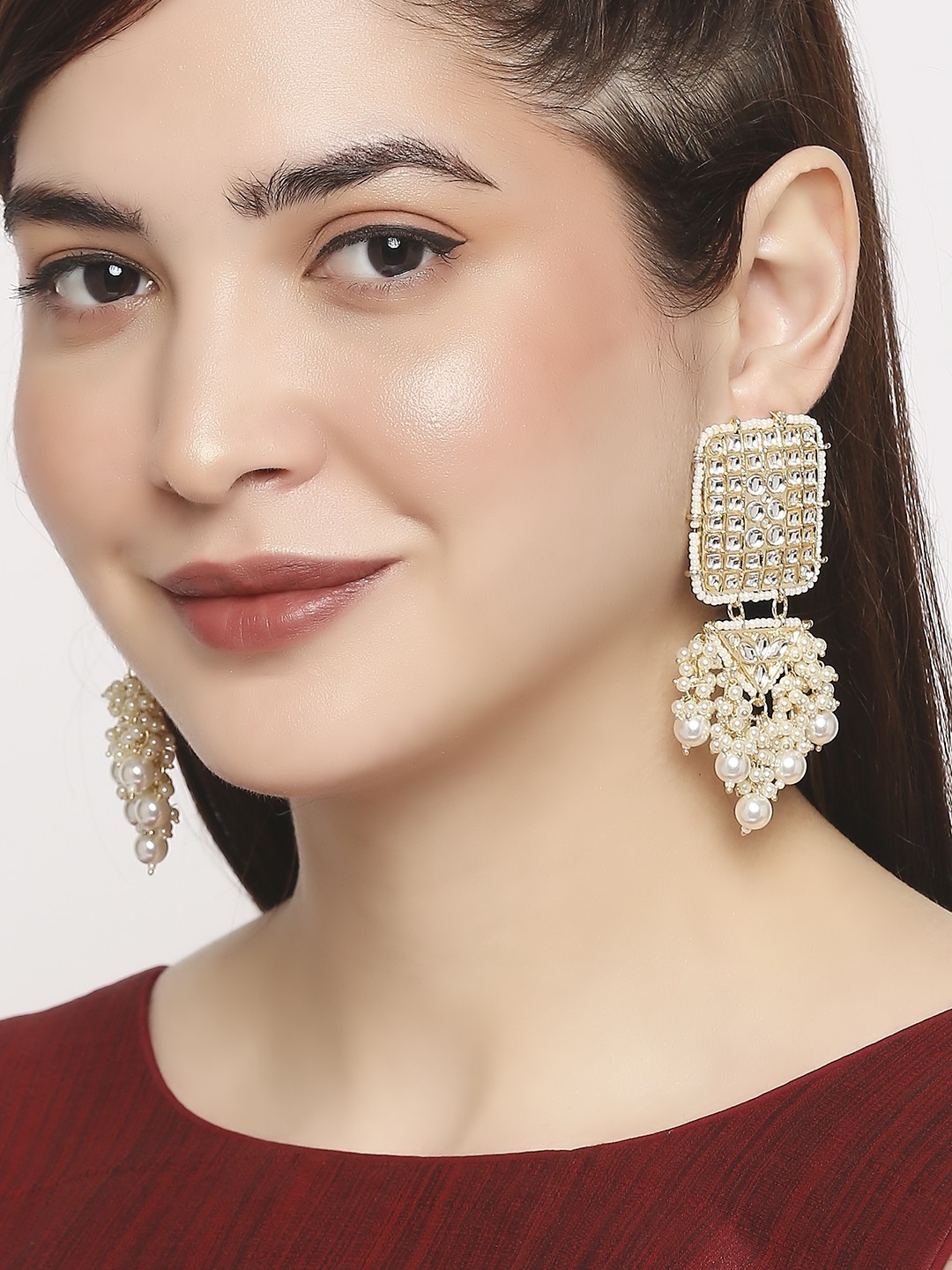 

OOMPH Gold-Plated & White Jadua Kundan Studded Square Drop Earrings