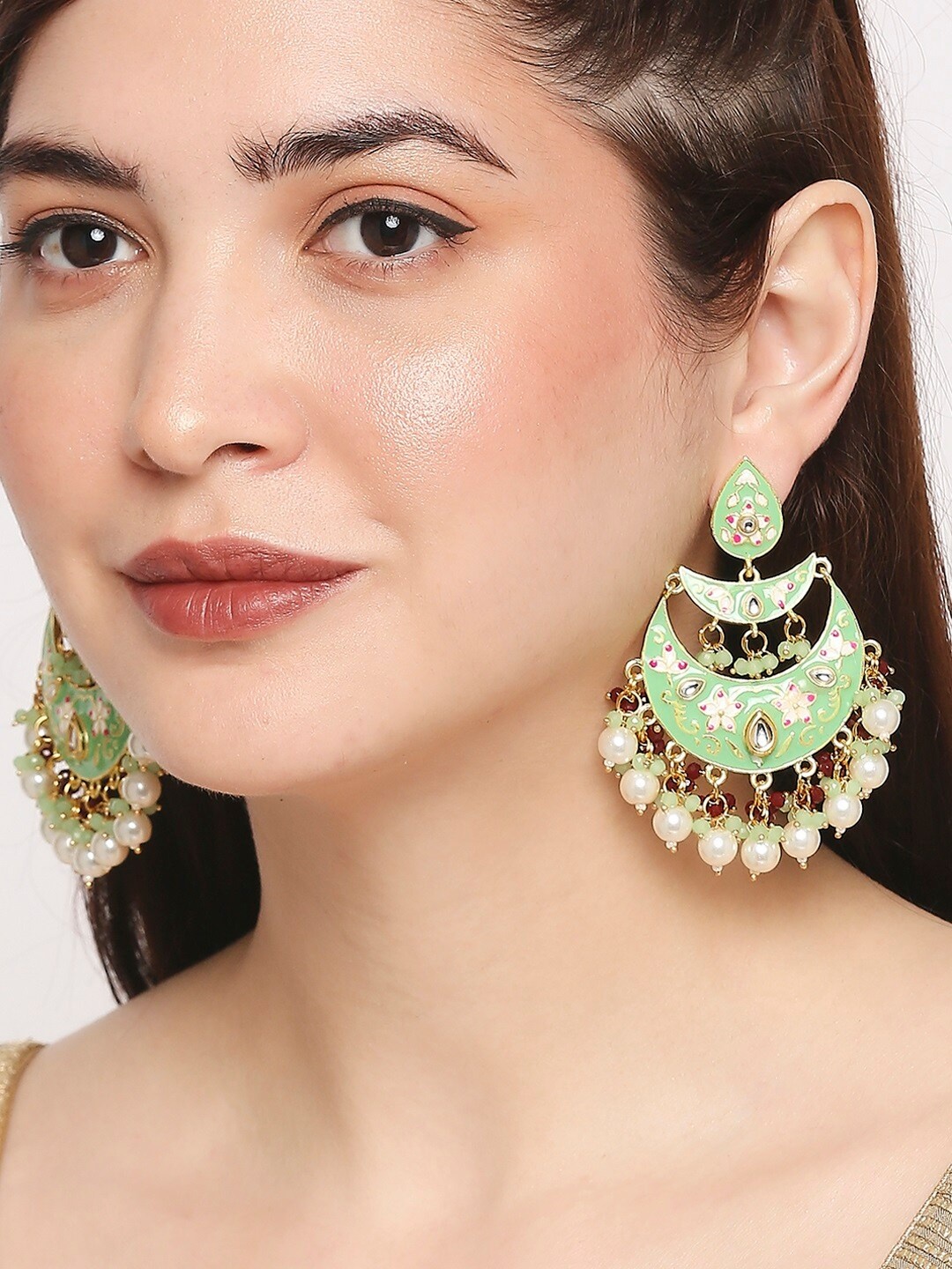 

OOMPH Green & Gold-Toned Meenakari Enamelled Chandbalis Earrings