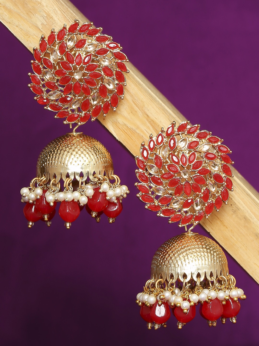 

OOMPH Red Dome Shaped Jhumkas Earrings
