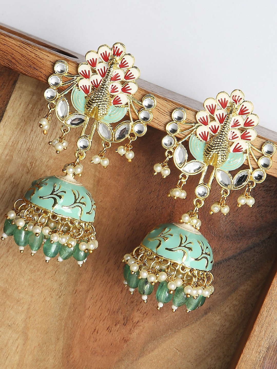 

OOMPH Woman Green Meenakari Enamel Kundan Peacock Design Jhumka Earrings