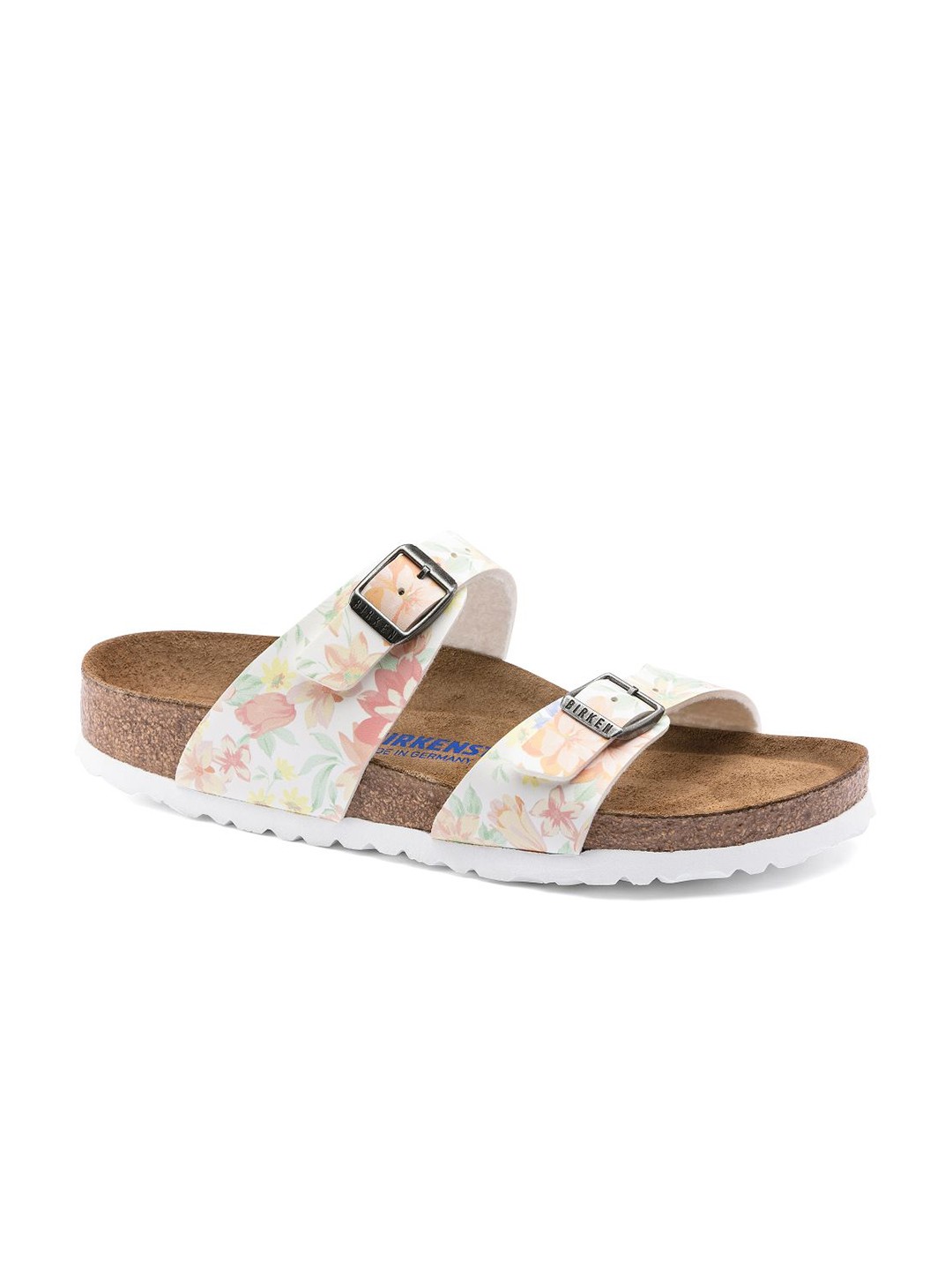 

Birkenstock Women White & Orange Printed Sydney Soft Footbed Narrow Slide Open Toe Flats