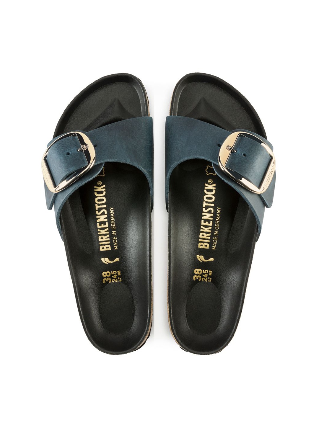 

Birkenstock Women Blue Solid Madrid Big Buckle Narrow Slide Open Toe Flats