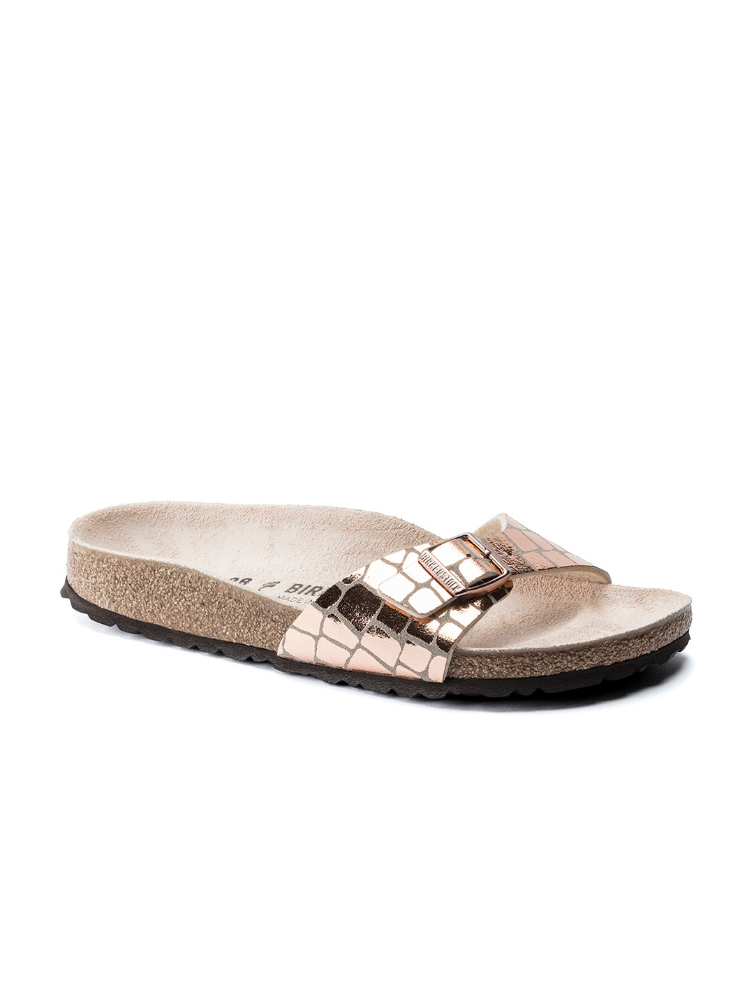 

Birkenstock Women Bronze Printed Madrid Narrow Slide Open Toe Flats